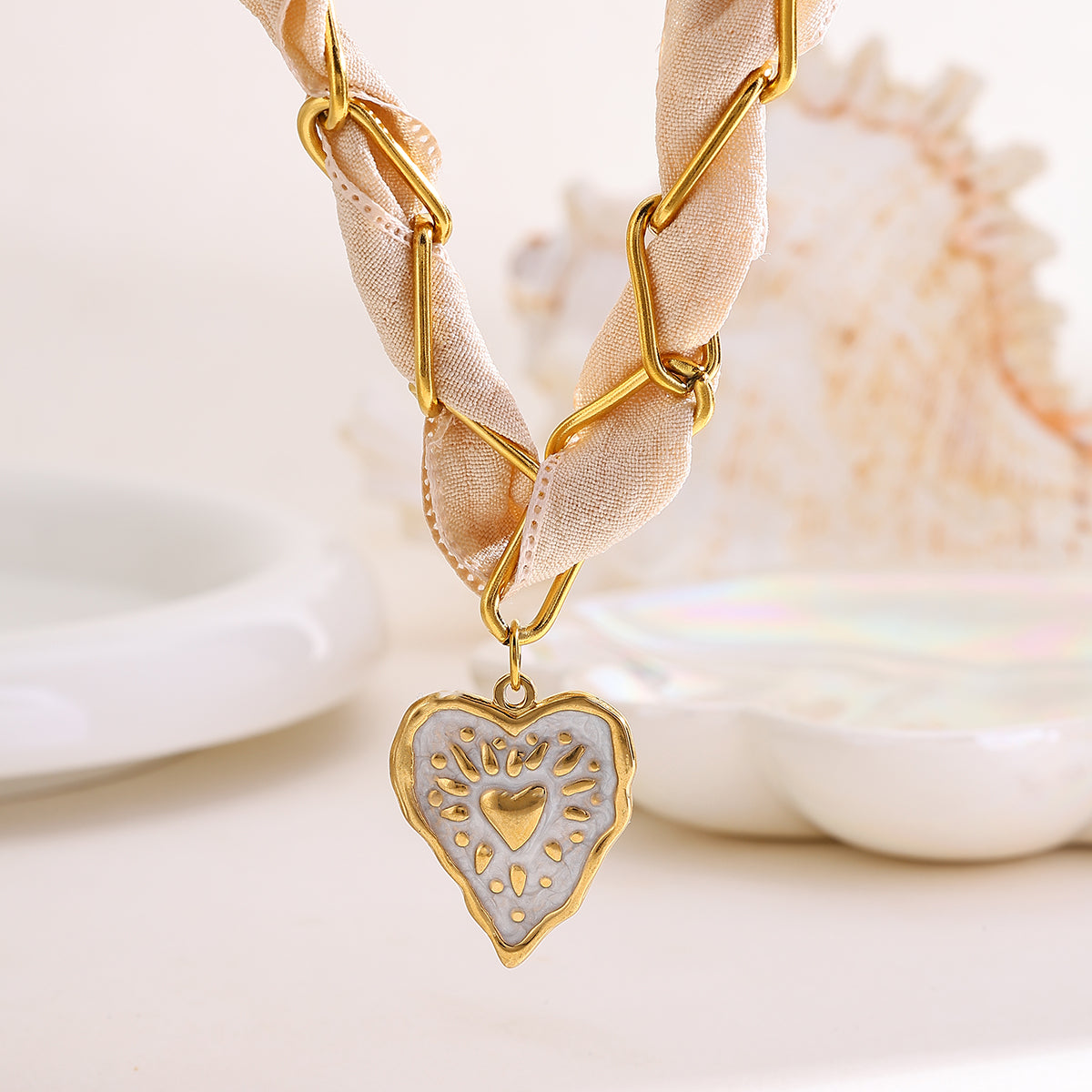 Beige Heart - Silk Scarf Pendant Necklace