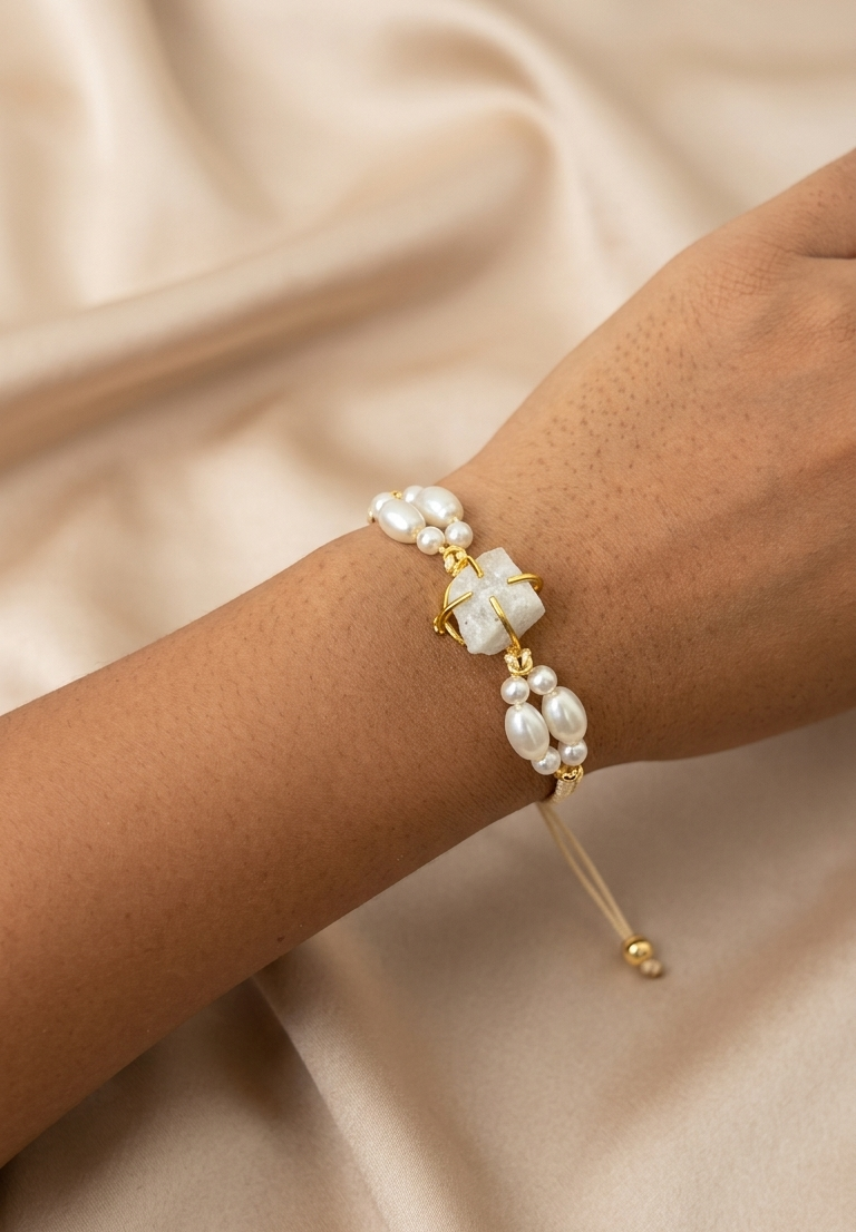 Natural Gemstone Rakhi – White & Pink
