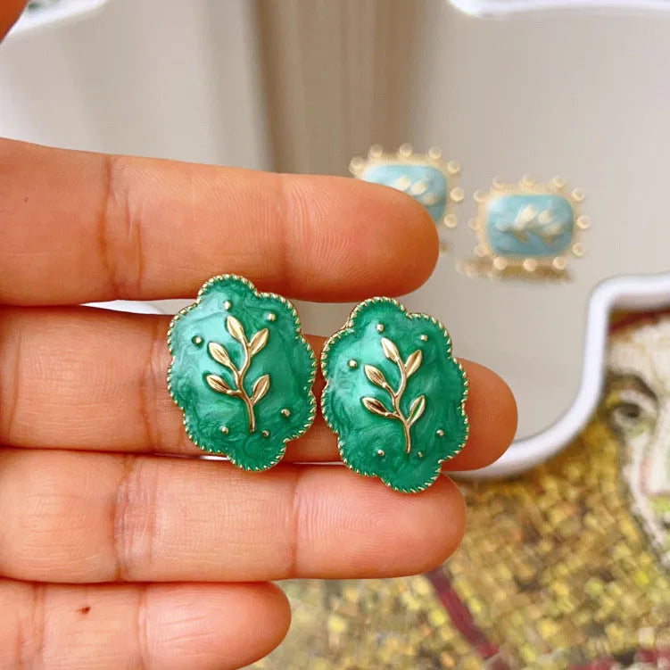 Green Floral Enamel Earrings