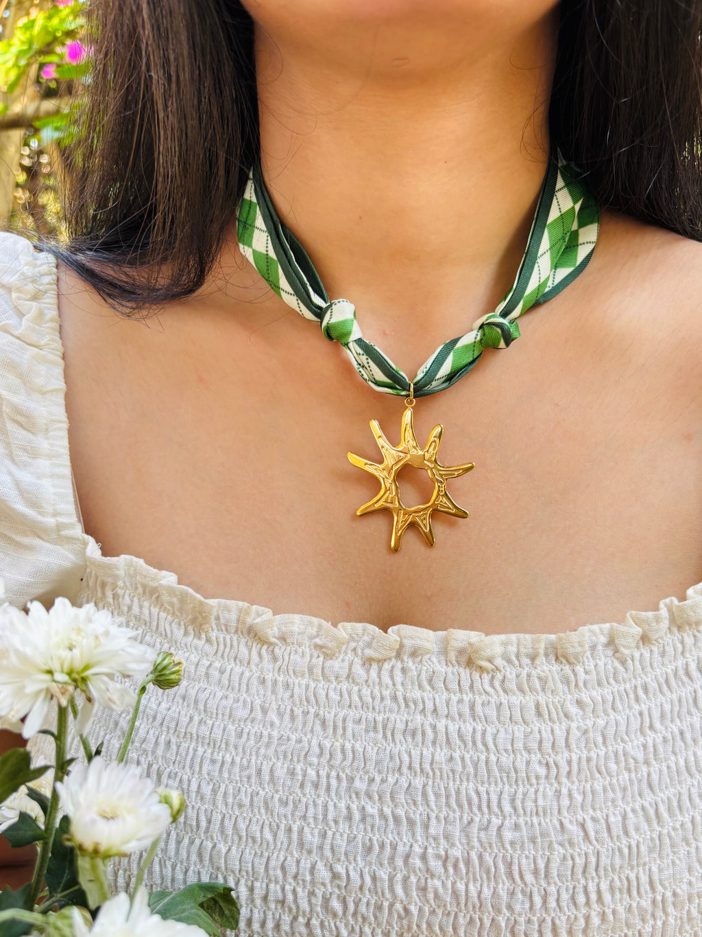 Green Argyle Scarf Sun Pendant