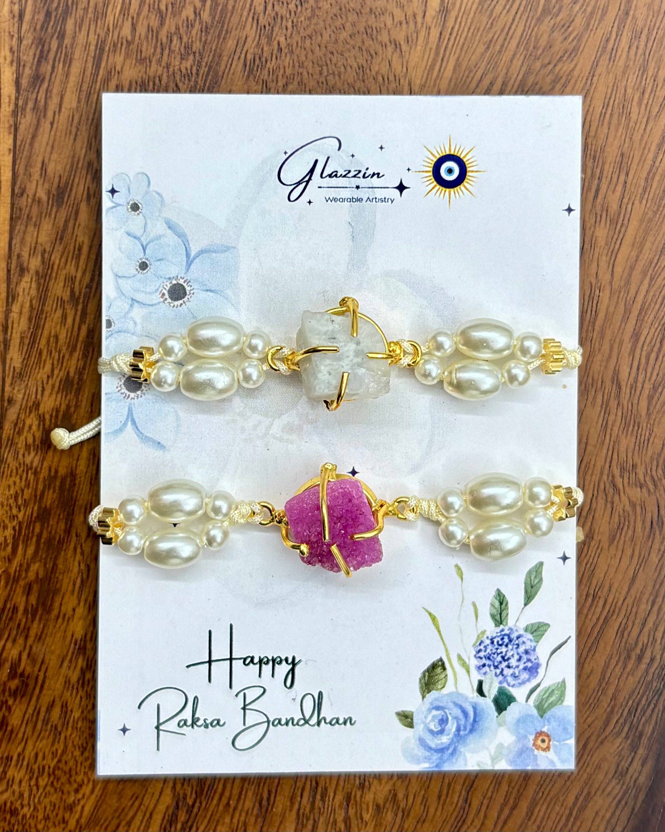 Natural Gemstone Rakhi – White & Pink